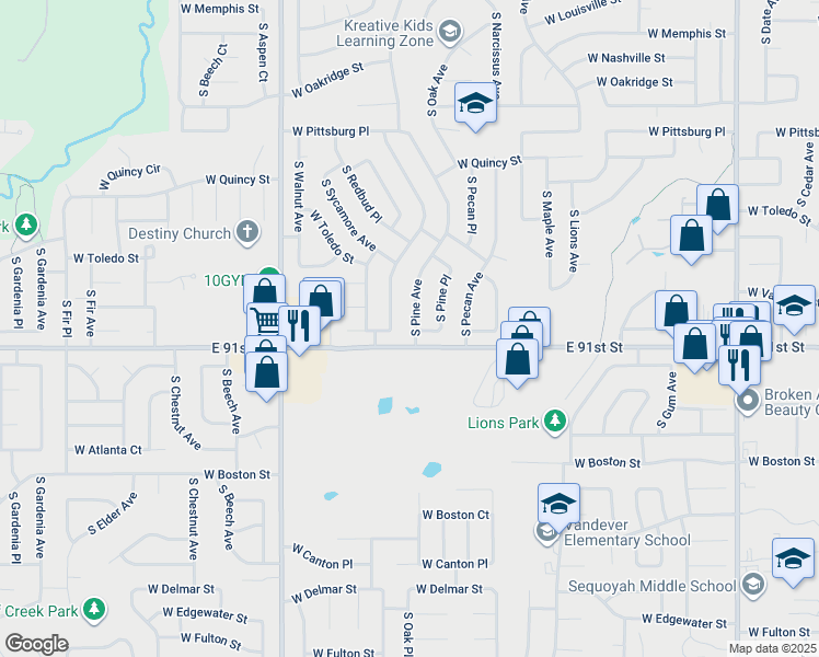 map of restaurants, bars, coffee shops, grocery stores, and more near 1766 South Poplar Avenue West in Broken Arrow
