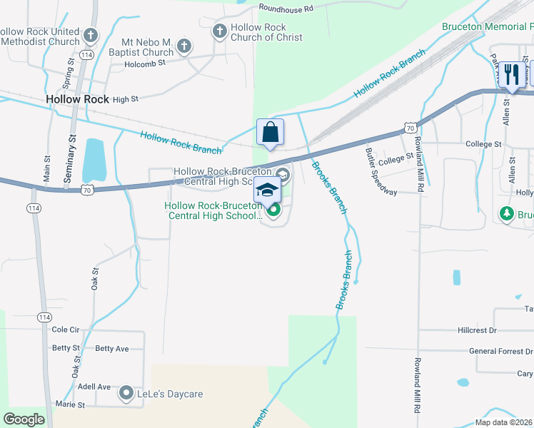 map of restaurants, bars, coffee shops, grocery stores, and more near 29590 Broad Street in Bruceton