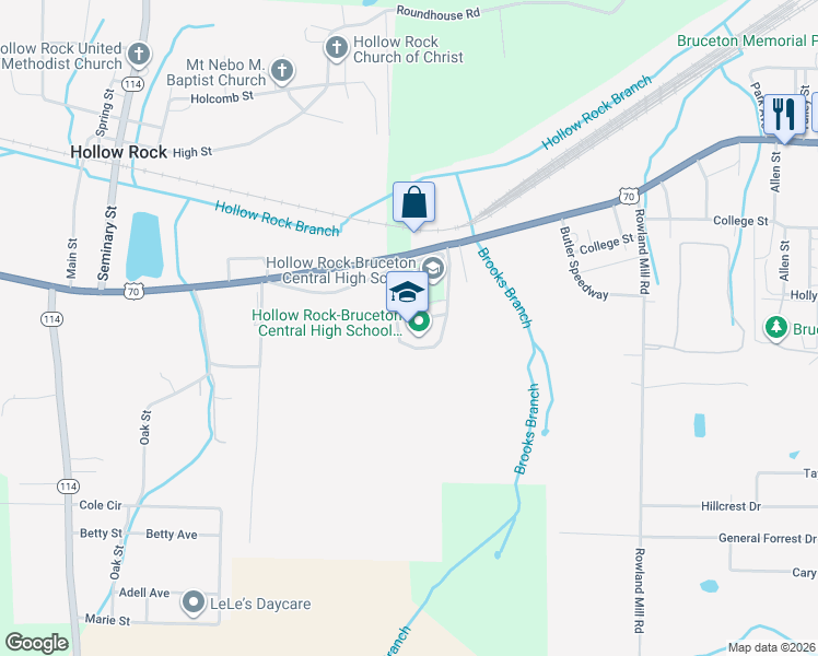 map of restaurants, bars, coffee shops, grocery stores, and more near 29590 Broad Street in Bruceton