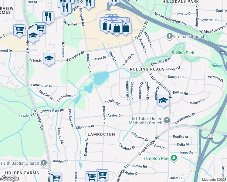map of restaurants, bars, coffee shops, grocery stores, and more near 2703 Chantilly Place in Greensboro