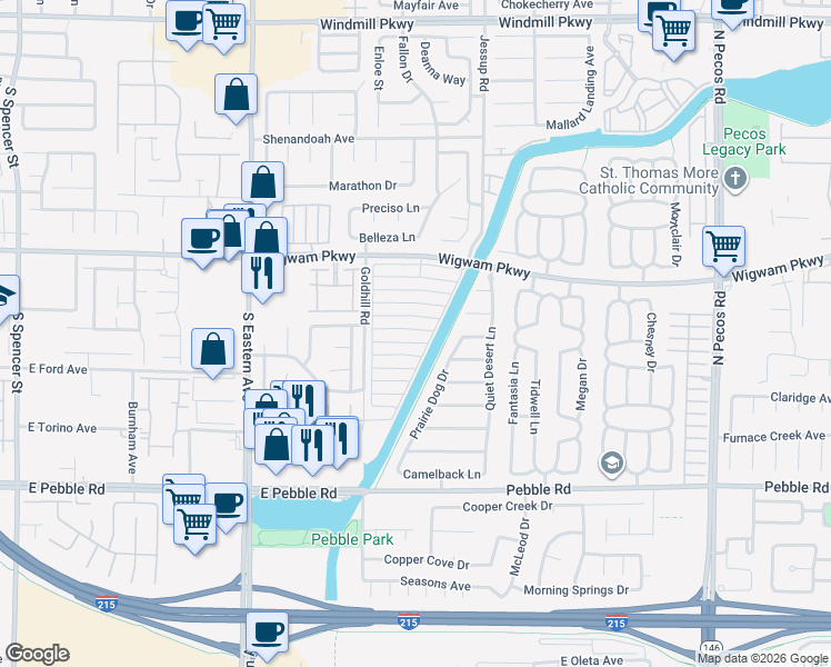 map of restaurants, bars, coffee shops, grocery stores, and more near 2821 Mill Point Drive in Henderson