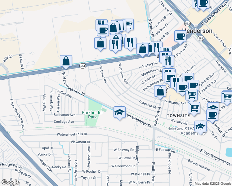 map of restaurants, bars, coffee shops, grocery stores, and more near 306 West Basic Road in Henderson