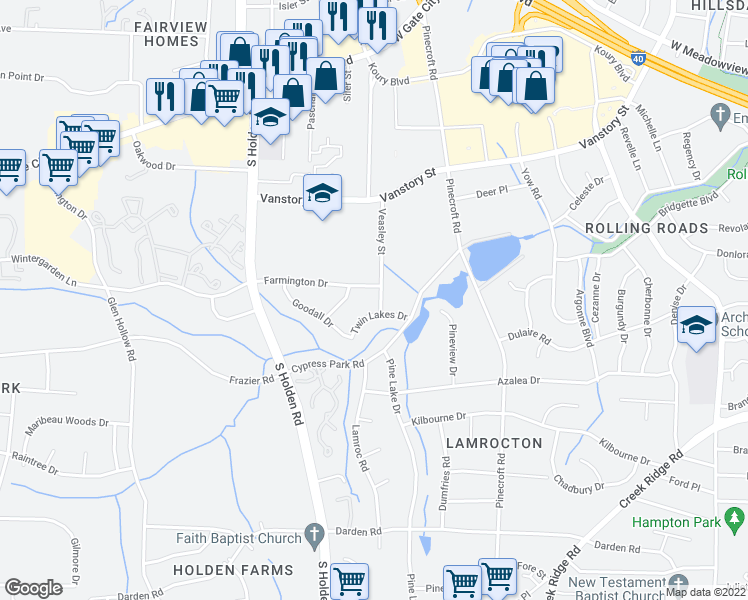 map of restaurants, bars, coffee shops, grocery stores, and more near 2402 Veasley Street in Greensboro