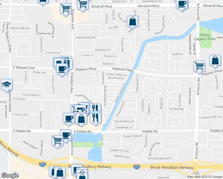 map of restaurants, bars, coffee shops, grocery stores, and more near 2831 Mill Point Drive in Henderson