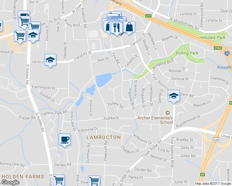 map of restaurants, bars, coffee shops, grocery stores, and more near 2703 Chantilly Place in Greensboro