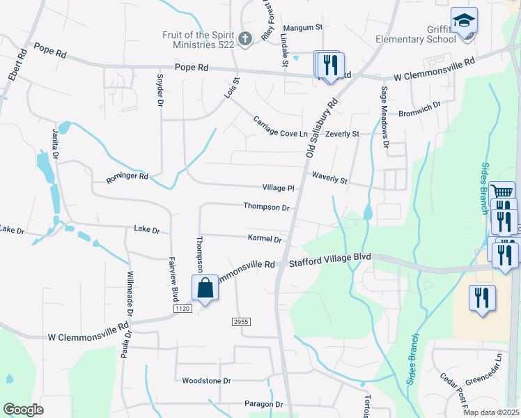 map of restaurants, bars, coffee shops, grocery stores, and more near 1646 Thompson Drive in Winston-Salem