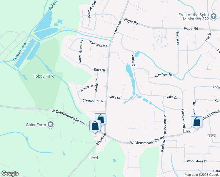 map of restaurants, bars, coffee shops, grocery stores, and more near 4025 Ebert Road in Winston-Salem
