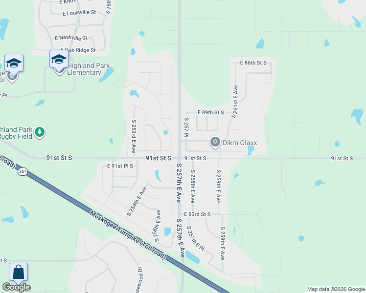map of restaurants, bars, coffee shops, grocery stores, and more near 9003 South 256th East Avenue in Broken Arrow
