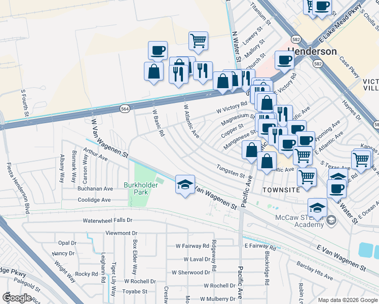 map of restaurants, bars, coffee shops, grocery stores, and more near 302 Tungsten Street in Henderson