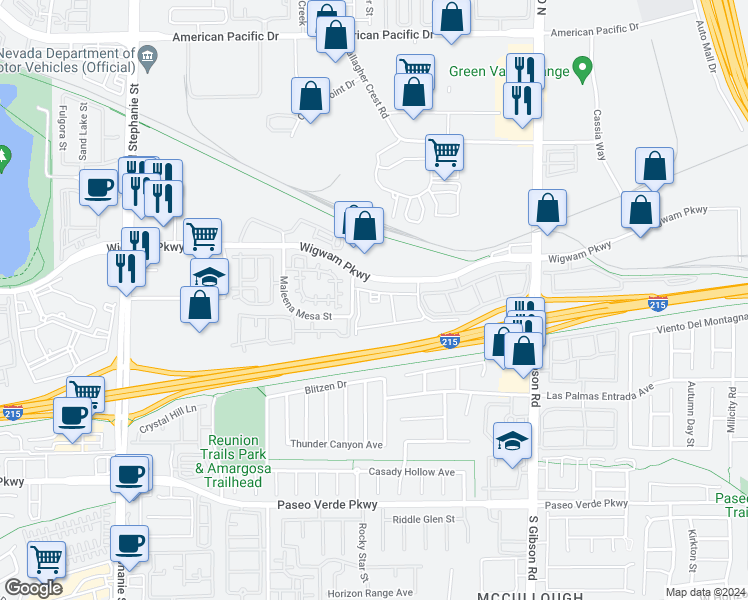 map of restaurants, bars, coffee shops, grocery stores, and more near 1131 Wigwam Parkway in Henderson