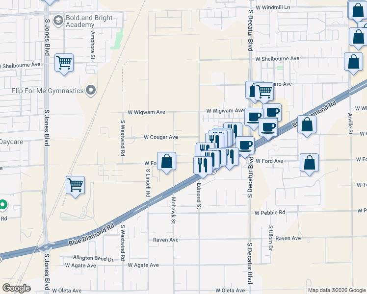 map of restaurants, bars, coffee shops, grocery stores, and more near 8620 Mohawk Street in Las Vegas