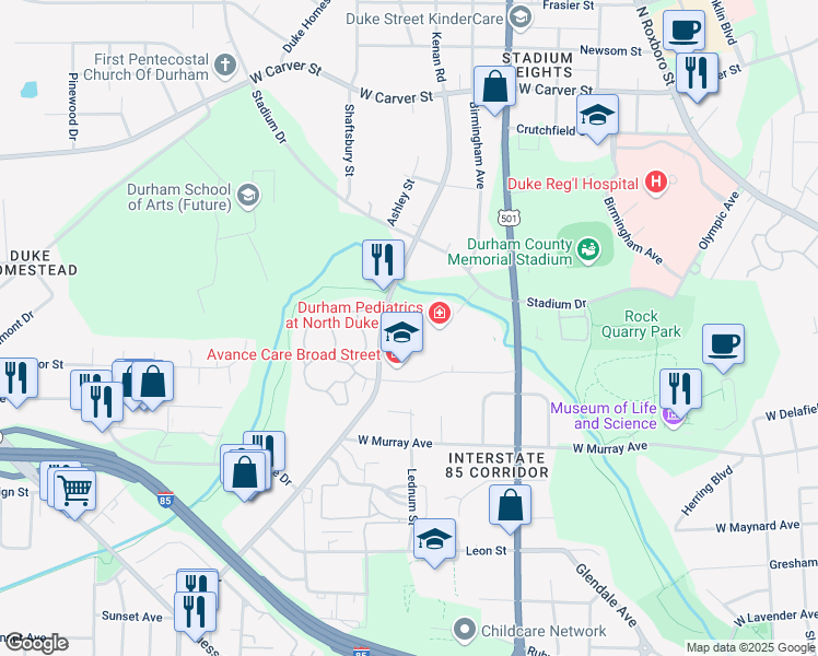 map of restaurants, bars, coffee shops, grocery stores, and more near 2432 Broad Street in Durham