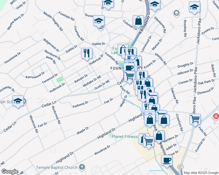 map of restaurants, bars, coffee shops, grocery stores, and more near 2523 Cedar Lane in Knoxville