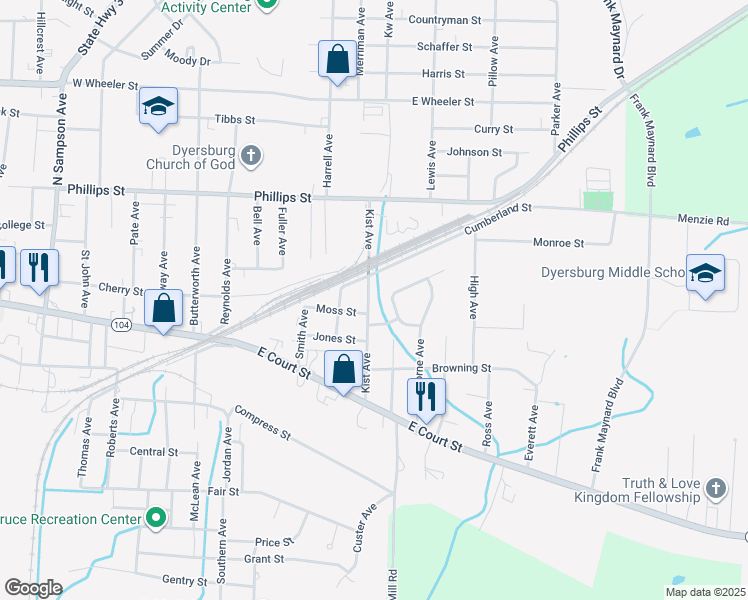 map of restaurants, bars, coffee shops, grocery stores, and more near 1315 Cumberland Street in Dyersburg