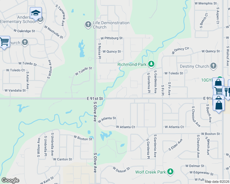 map of restaurants, bars, coffee shops, grocery stores, and more near 3342 West Washington Street in Broken Arrow
