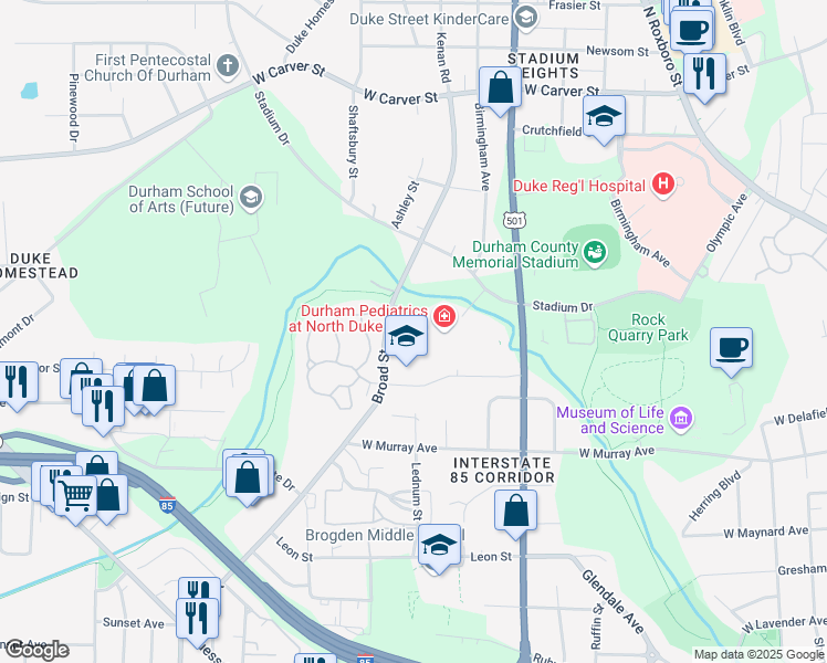 map of restaurants, bars, coffee shops, grocery stores, and more near 2432 Broad Street in Durham