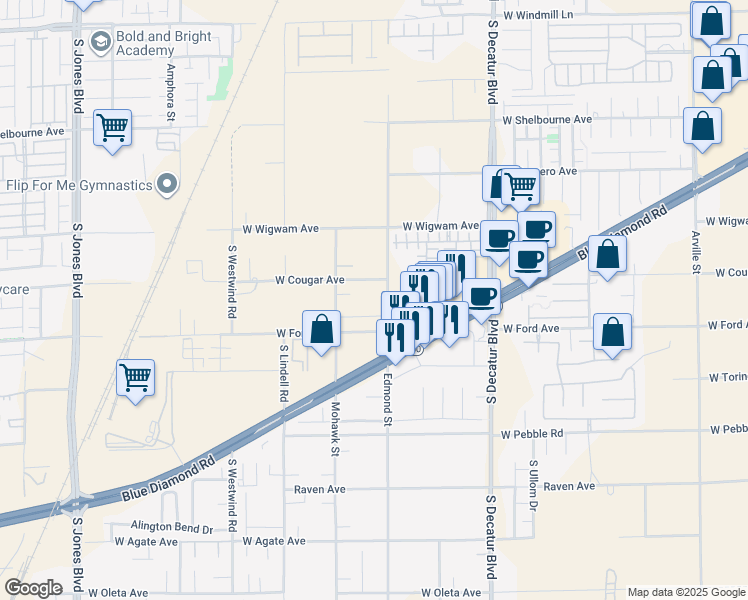 map of restaurants, bars, coffee shops, grocery stores, and more near 8645 Edmond Street in Las Vegas