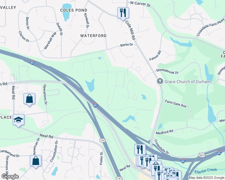 map of restaurants, bars, coffee shops, grocery stores, and more near 4033 Stonewood Lane in Durham
