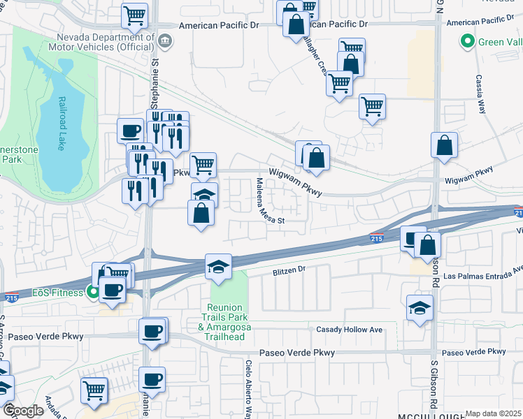 map of restaurants, bars, coffee shops, grocery stores, and more near 74 Maleena Mesa Street in Henderson