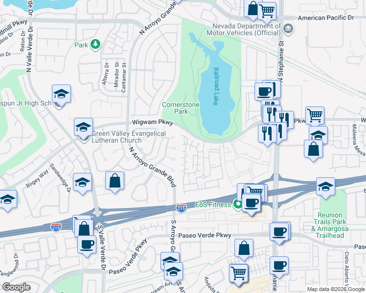 map of restaurants, bars, coffee shops, grocery stores, and more near 1615 Navajo Point Place in Henderson
