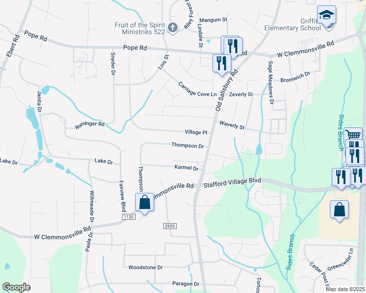 map of restaurants, bars, coffee shops, grocery stores, and more near 1646 Thompson Drive in Winston-Salem