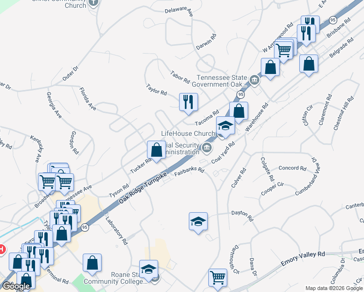 map of restaurants, bars, coffee shops, grocery stores, and more near 104 Thornton Road in Oak Ridge
