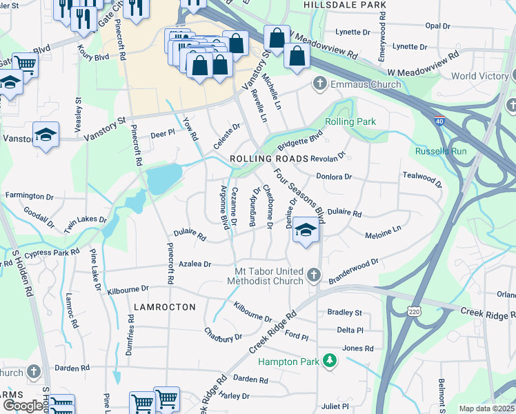 map of restaurants, bars, coffee shops, grocery stores, and more near 2511 Burgundy Drive in Greensboro