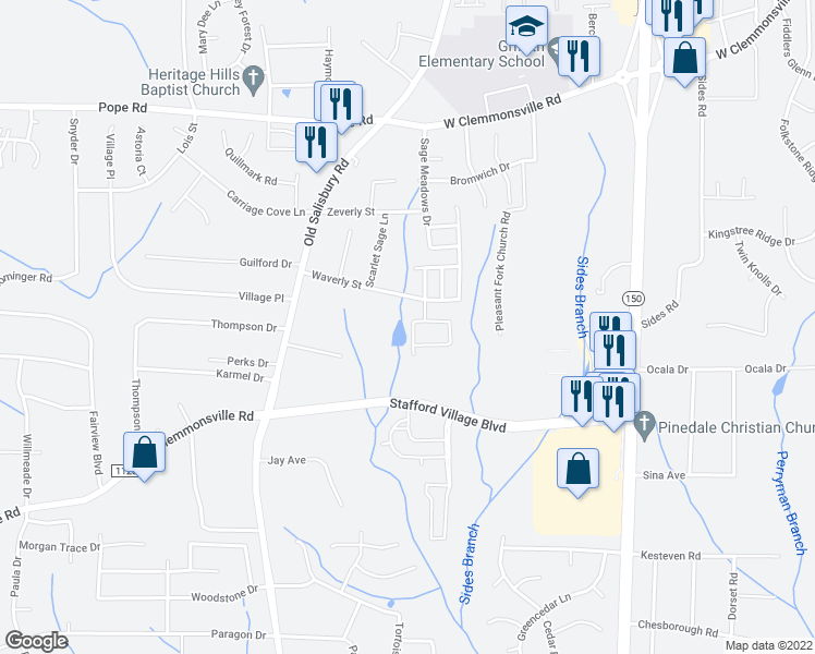 map of restaurants, bars, coffee shops, grocery stores, and more near 3458 Pridgen Ridge Drive in Winston-Salem