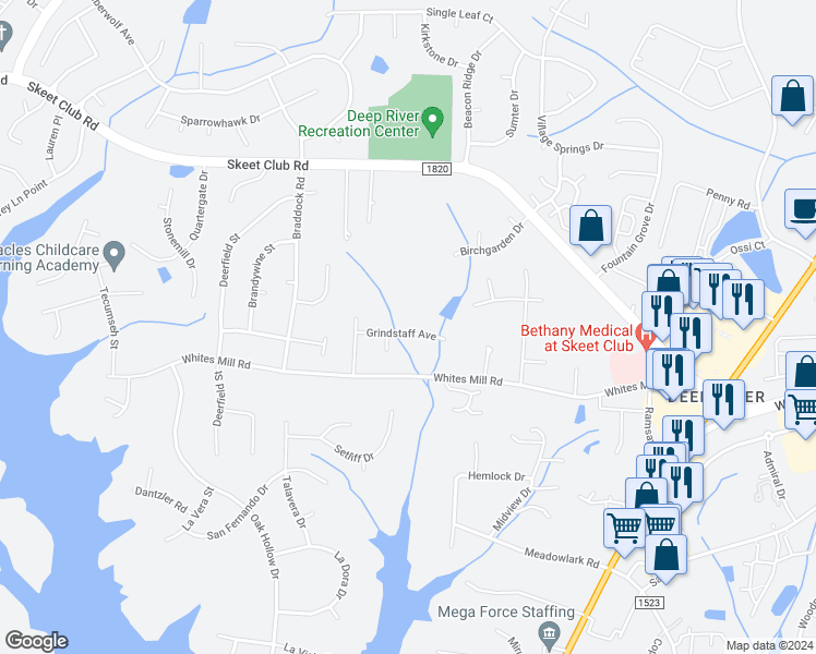 map of restaurants, bars, coffee shops, grocery stores, and more near 3617 Grindstaff Avenue in High Point