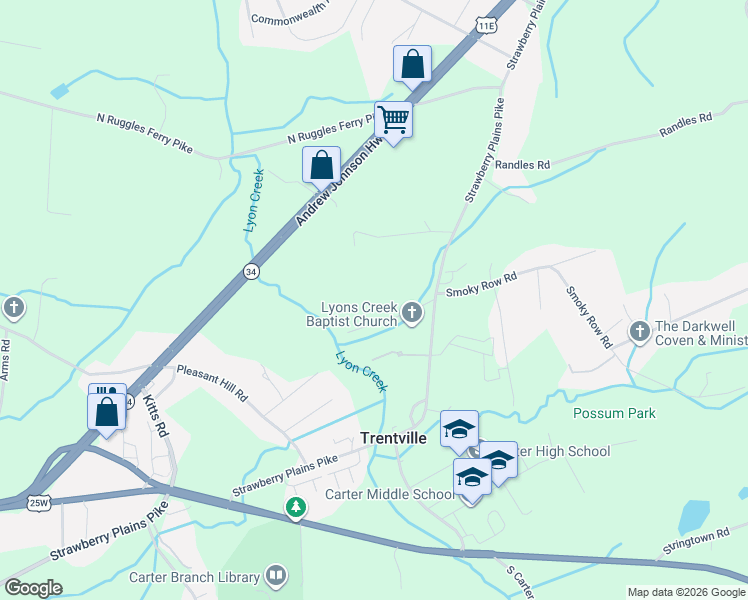 map of restaurants, bars, coffee shops, grocery stores, and more near 9203 Lyons Creek Road in Strawberry Plains