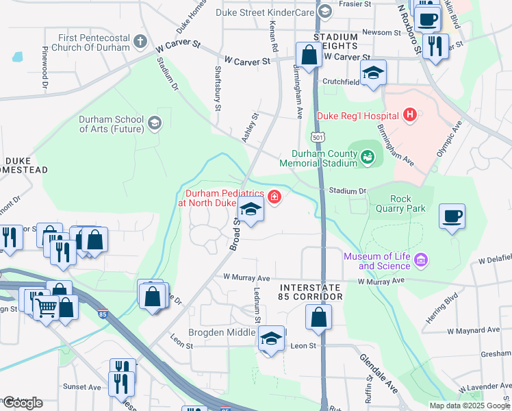 map of restaurants, bars, coffee shops, grocery stores, and more near 2432 Broad Street in Durham