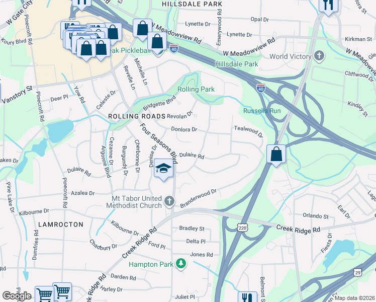 map of restaurants, bars, coffee shops, grocery stores, and more near 2414 Deverow Place in Greensboro