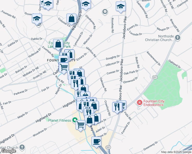 map of restaurants, bars, coffee shops, grocery stores, and more near 2919 Conner Drive in Knoxville