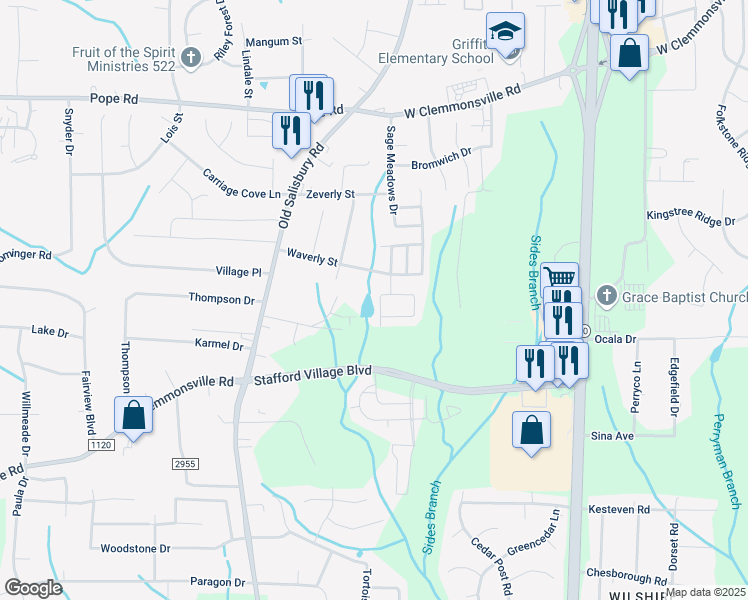 map of restaurants, bars, coffee shops, grocery stores, and more near 3458 Pridgen Ridge Drive in Winston-Salem