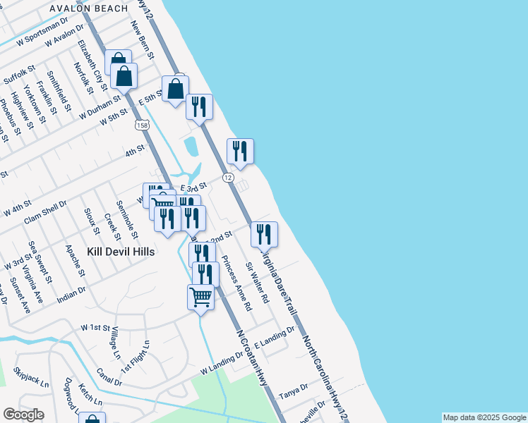 map of restaurants, bars, coffee shops, grocery stores, and more near 1711 North Virginia Dare Trail in Kill Devil Hills