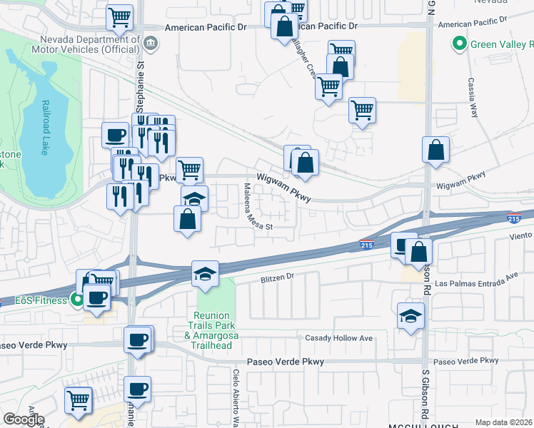 map of restaurants, bars, coffee shops, grocery stores, and more near 70 Miralago Avenue in Henderson