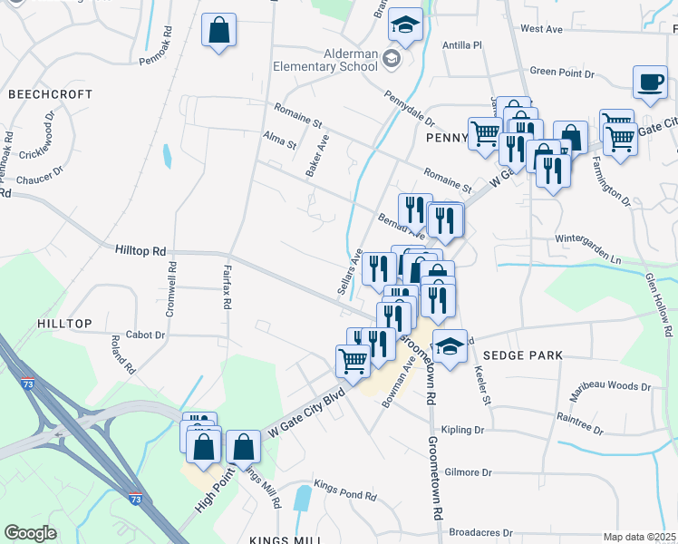 map of restaurants, bars, coffee shops, grocery stores, and more near 4203 Studio Lane in Greensboro