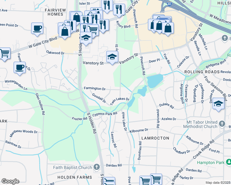 map of restaurants, bars, coffee shops, grocery stores, and more near 3003 Farmington Drive in Greensboro