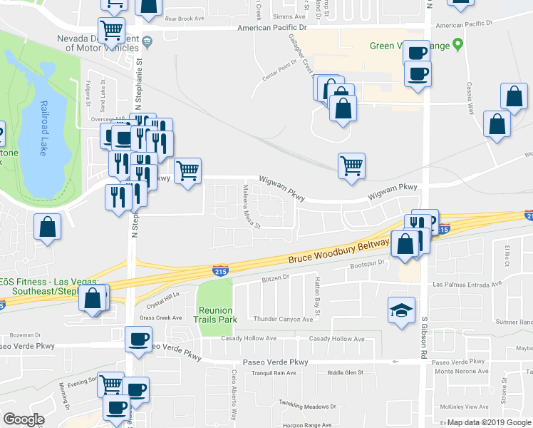map of restaurants, bars, coffee shops, grocery stores, and more near 63 Puerto Azul Trail in Henderson