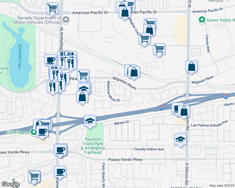 map of restaurants, bars, coffee shops, grocery stores, and more near 63 Puerto Azul Trail in Henderson