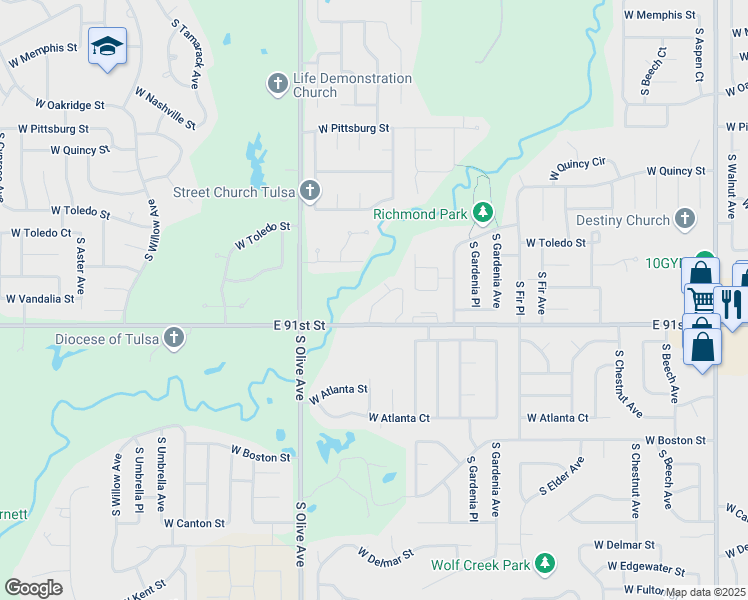 map of restaurants, bars, coffee shops, grocery stores, and more near 3342 West Washington Street in Broken Arrow