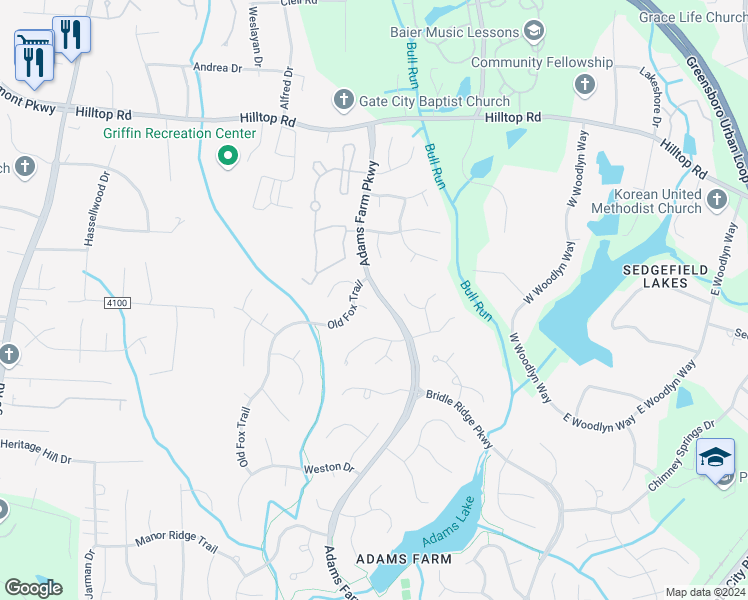 map of restaurants, bars, coffee shops, grocery stores, and more near 5501 Old Fox Trail in Greensboro
