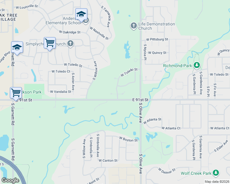 map of restaurants, bars, coffee shops, grocery stores, and more near 2009 South Sweet Gum Avenue in Broken Arrow