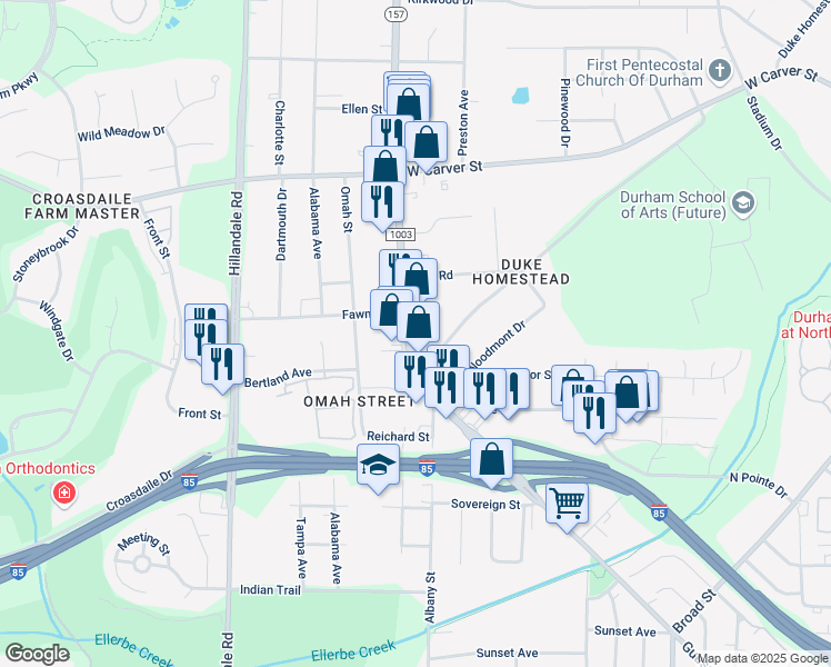 map of restaurants, bars, coffee shops, grocery stores, and more near 2918 Guess Road in Durham