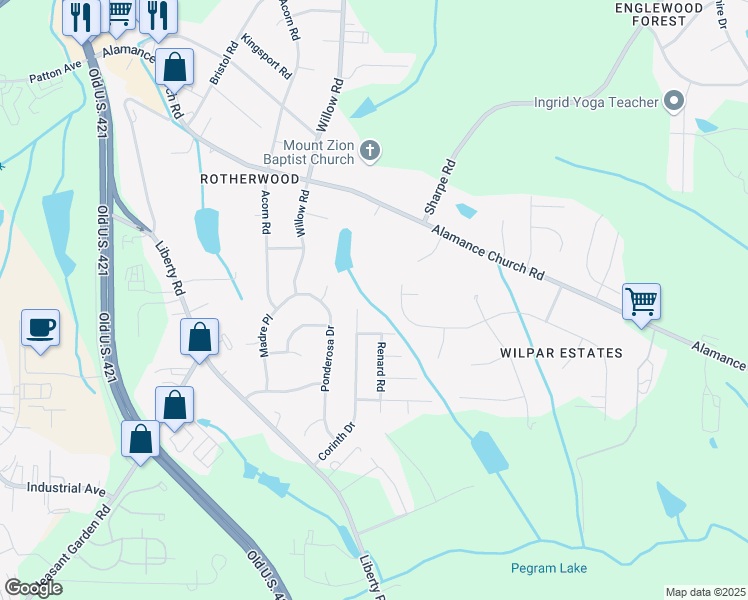 map of restaurants, bars, coffee shops, grocery stores, and more near 1303 Antioch Drive in Greensboro