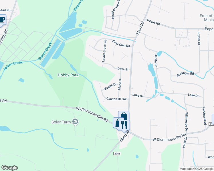 map of restaurants, bars, coffee shops, grocery stores, and more near 2013 Bogue Drive in Winston-Salem