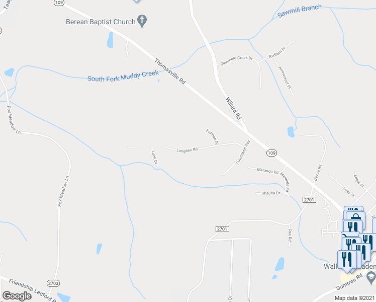 map of restaurants, bars, coffee shops, grocery stores, and more near Langden Road in Winston-Salem