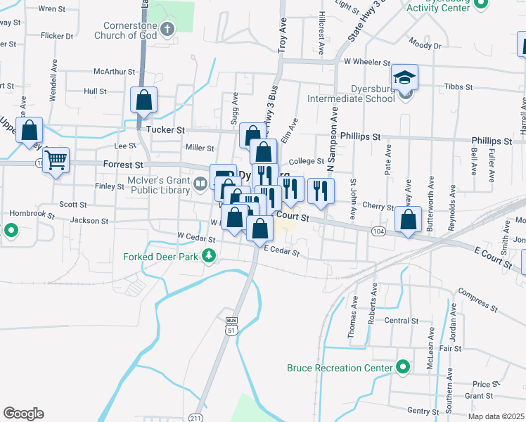 map of restaurants, bars, coffee shops, grocery stores, and more near 100 North Main Avenue in Dyersburg