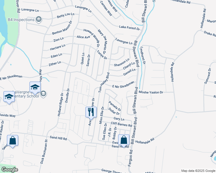 map of restaurants, bars, coffee shops, grocery stores, and more near 1347 East Nir Shreibman Boulevard in La Vergne