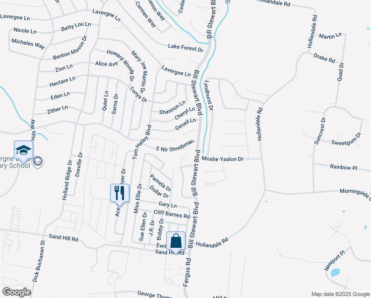map of restaurants, bars, coffee shops, grocery stores, and more near 1313 East Nir Shreibman Boulevard in La Vergne